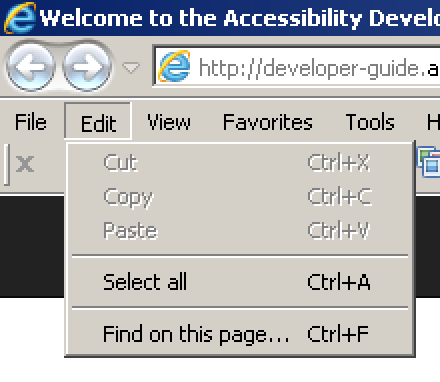 Edit menu of Internet Explorer 11